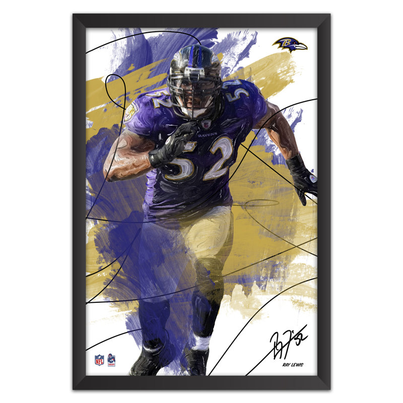 Sporticulture NFL Baltimore Ravens Ray Lewis 52 Brush Stroke, affiche encadrée, décoration murale, 68,5 x 99 cm (27 x 39 pouces), œuvre d'art pour les caves à fan