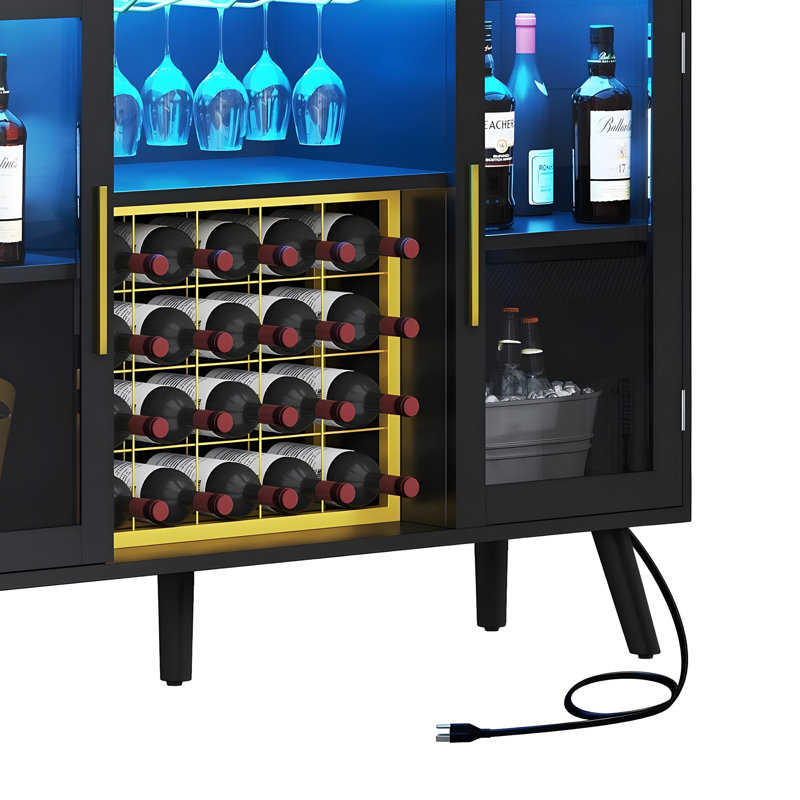 Brevan 53" Modern Bar Cabinet and Wine Bar Cabinet with Power Outlets & LED Lights, Black