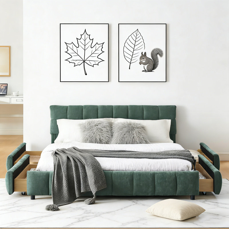 Grand lit tapissier avec tiroirs de rangement, tête de lit en chenille douce et structure solide. (88,5 po x 68,5 po x 31 po)