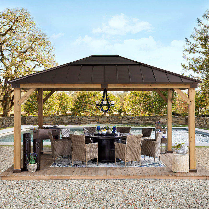 Cedar Framed Gazebo with Brown Steel Hardtop and Skylight