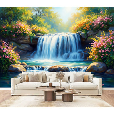Papier peint adhésif peluches et collantes Tranquil Waterfall Garden Vibrant Flowers