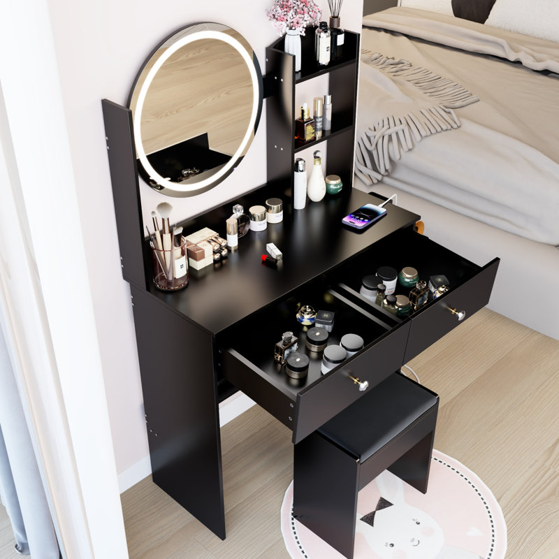 American Design 17" Round Vanity Table With 3 - Color Adjustable Led And Cushioned Stool, Touch Switch Control, 2 Ac + Sockets, Large Desktop, Multi Layer Storage, Construction, 31.5 In Depth Style