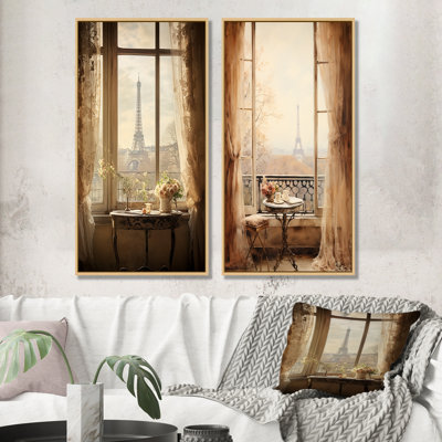 «Rustic Eiffel Tower Paris Window View I - Paris», ensemble de 2 reproductions d'art mural