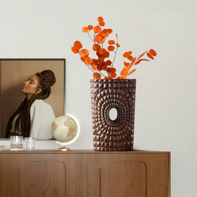 Dark Brown Carved Sunburst Resin Vase, Geometric Textured Rectangular Table Vase