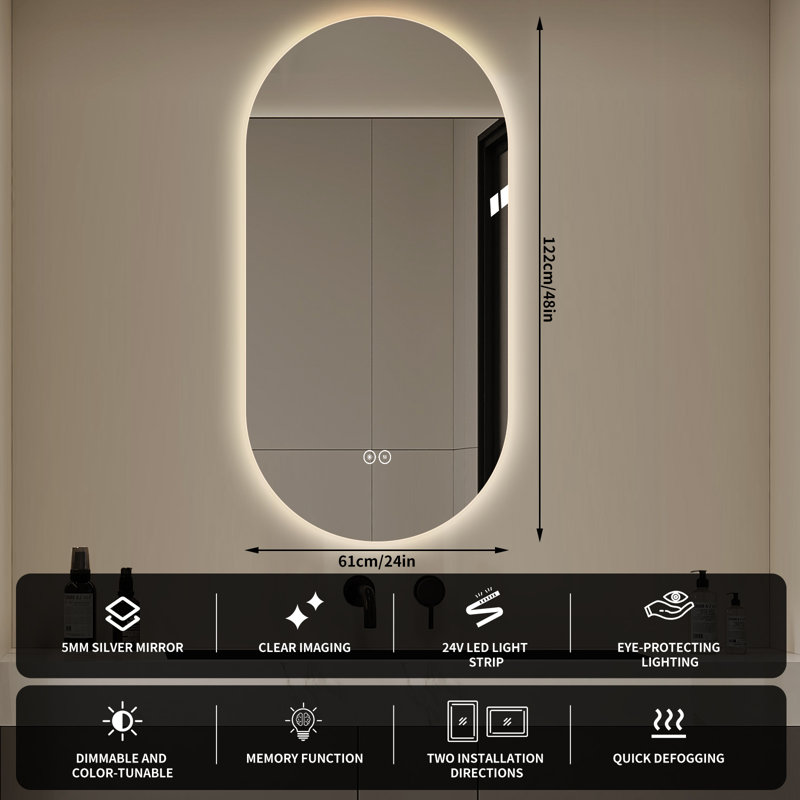48" x 24" Frameless Oval LED Backlit Bathroom Mirror, 3 Color Dimmable Light, Anti-Fog, Touch Control, Explosion-Proof, Wall Mounted Vanity Mirror