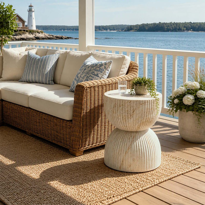 Durable Outdoor Concrete Side Table With Ribbed Hourglass Design And Faux Marble Finish For Patio Use