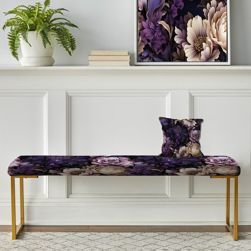 Floral Upholstered Gold Bench, Shadowed Blossoms Moody Patterns
