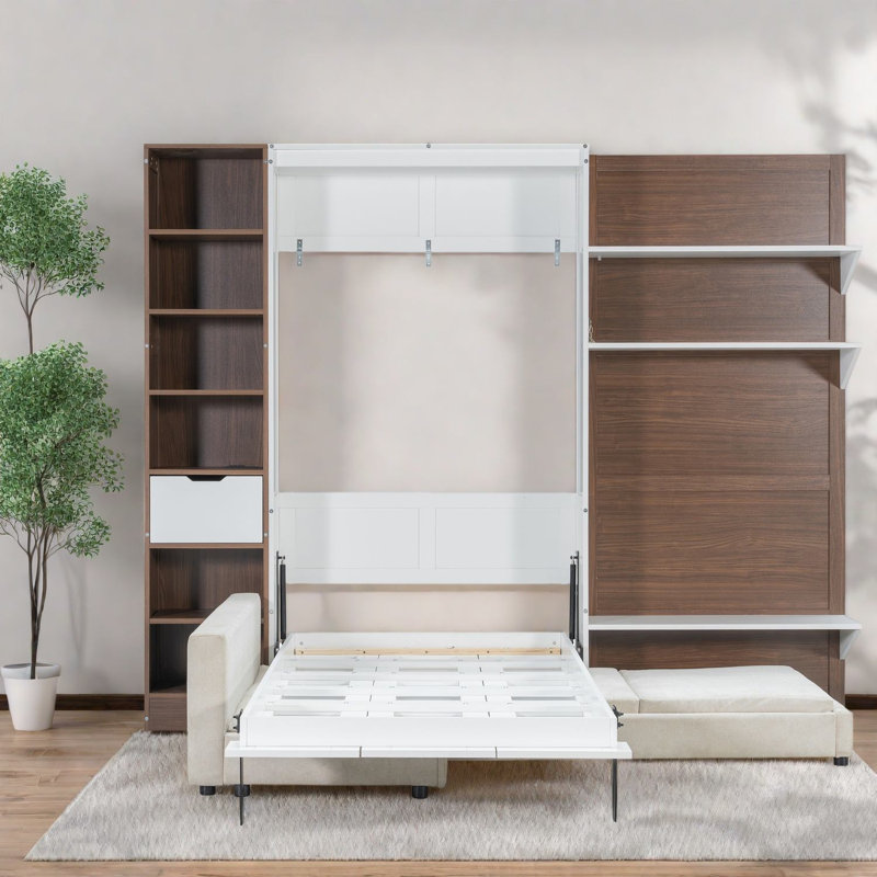 Lits gain d'espace avec rangement, lit escamotable moderne en bois MDF pour la maison, White