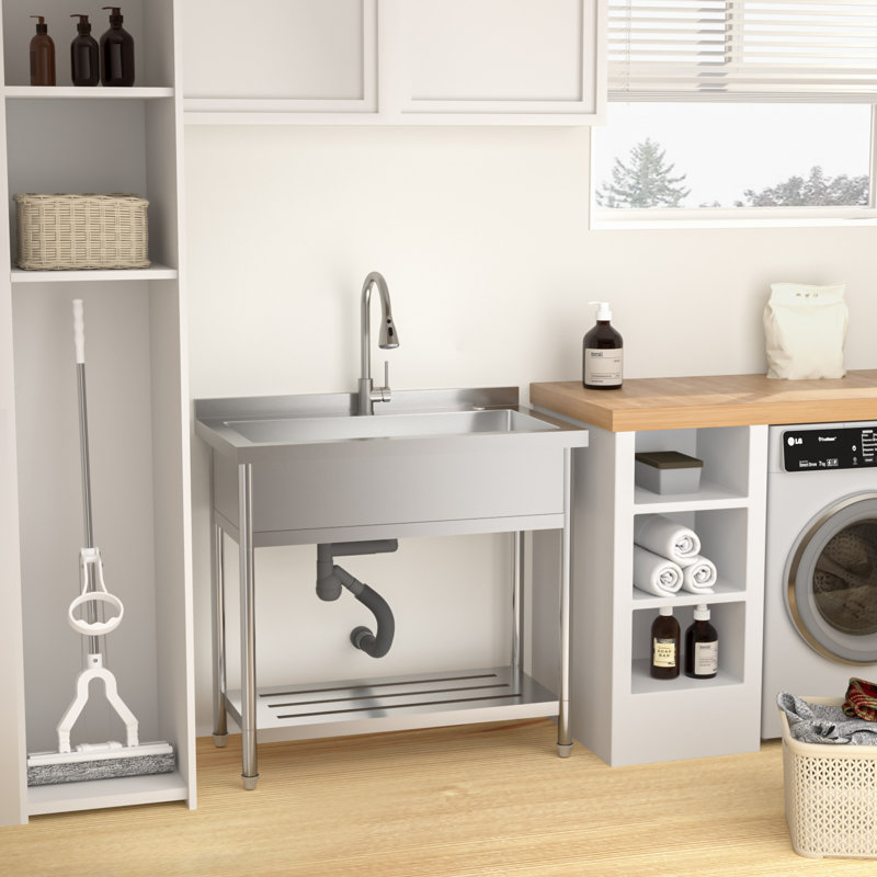 Stainless Steel Large Utility Sink, Single Bowl Freestanding Commercial Sink With Pull-Out Faucet For Laundry Room, Garage, Or Kitchen (21"D X 36"W X 35.5"H) | Gift Idea