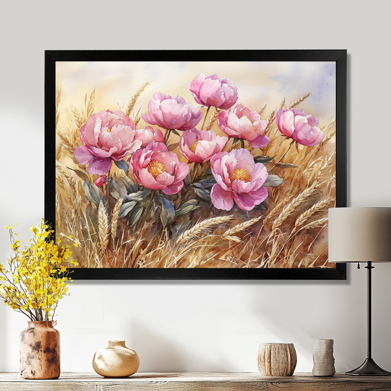 Ikisha pivoines dans le champ de blé II - pivoines, art mural, Reproduction encadrée d'une seule photo, H 30 po x l 40 po