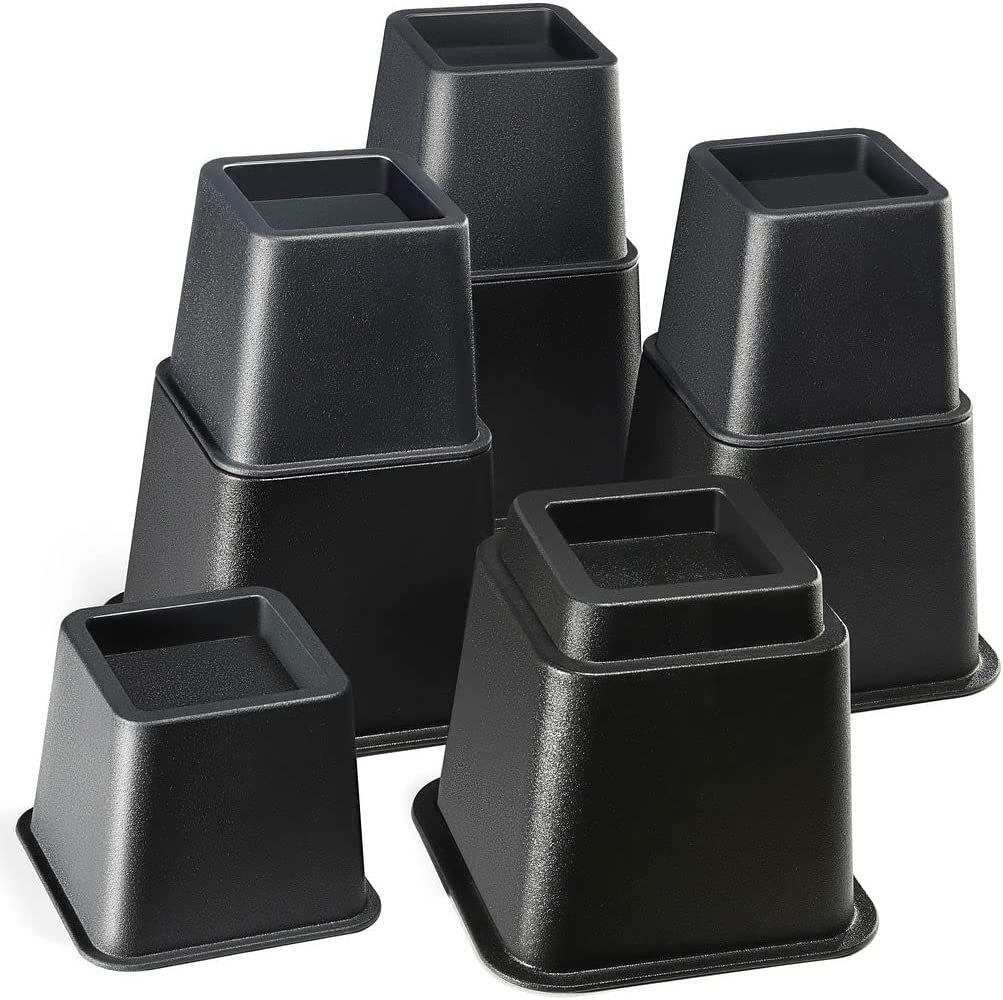Simplify 8 Piece Adjustable Bed Risers Set - Raises Bed 3, 5 or 8 inches -  Black Plastic - Sturdy Lift - Stackable - Easy to Use