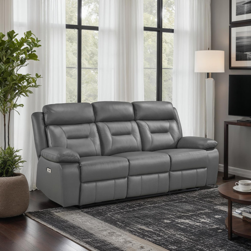 Hornbeck 87" Modern & Contemporary Top Grain Leather Power Reclining Sofa with One Touch Power Control, USB Charging Ports