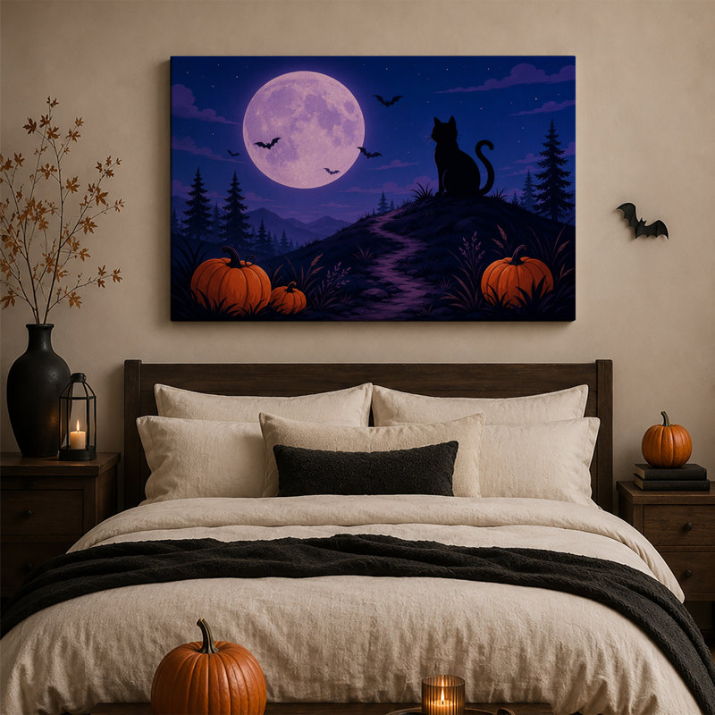 Silhouette de chat noir sous une grande lune violette - Toile murale d'Halloween, H 24 po x l 36 po