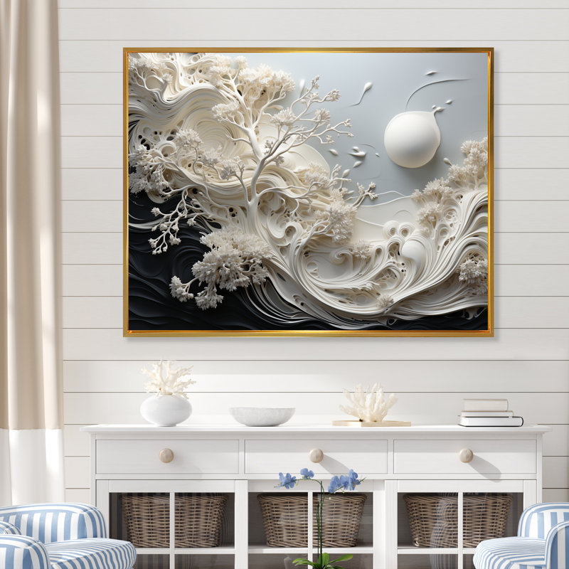 Toile grise abstraite grise - corail côtier sous l'eau, H 16 po x l 32 po x P 1 po, Cadre flottant doré