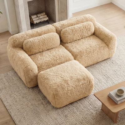 Boneless L-shaped Compression Sofa,Soft Fluffy Plush Fabric,With Chaise 32D High Density Sponge,No Assembly Required,Ergonomic Design Bottom Anti-Slip Design,With Throw Pillows,Fits Bedrooms