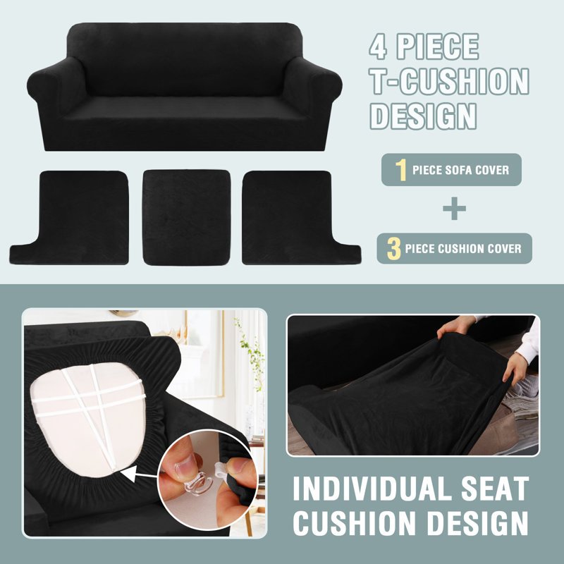 Housse en velours extensible pour canapé en T de 4 pièces pour 3 housses de canapé avec 3 housses de coussin en T individuelles Lavable à la machine