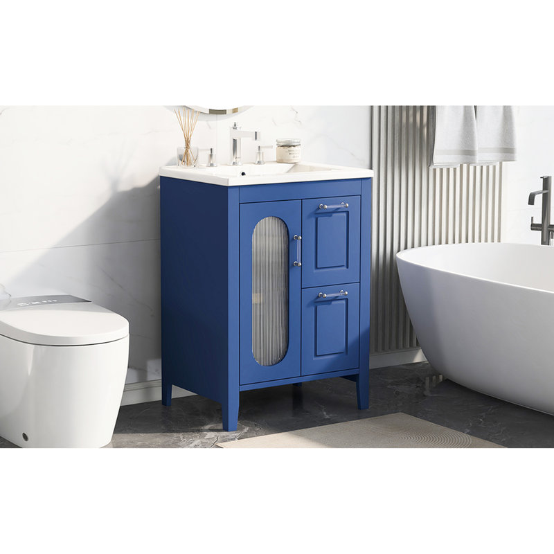 Meuble-lavabo bleu 24 po avec lavabo, tablette réglable, deux tiroirs, porte, porte en bois massif et matériau moderne, Blue