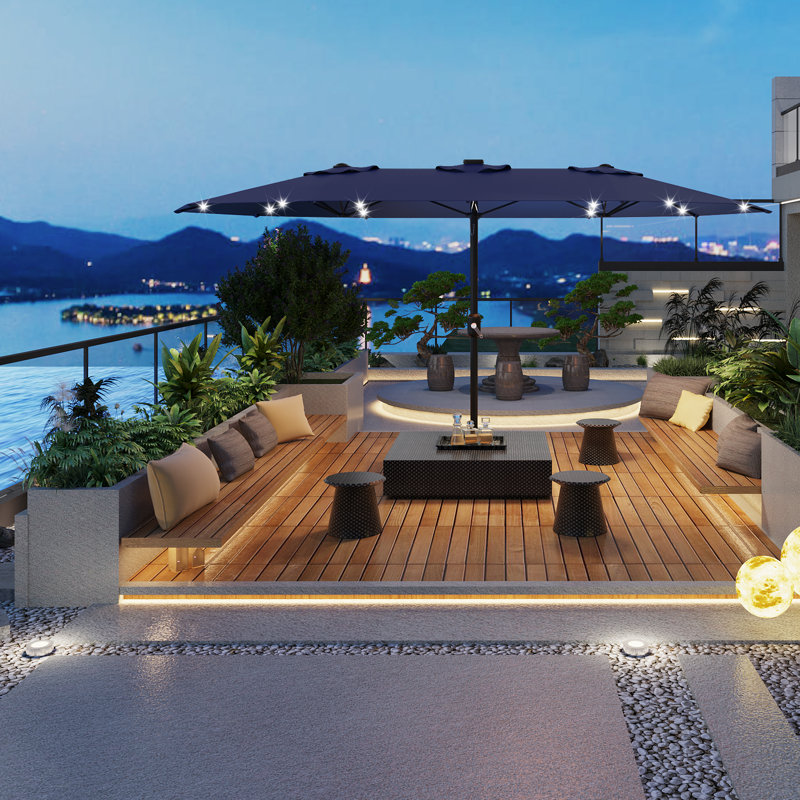 Parasol rectangulaire de 15 pi x 9 pi avec base et lumières DEL solaires, Bleu
