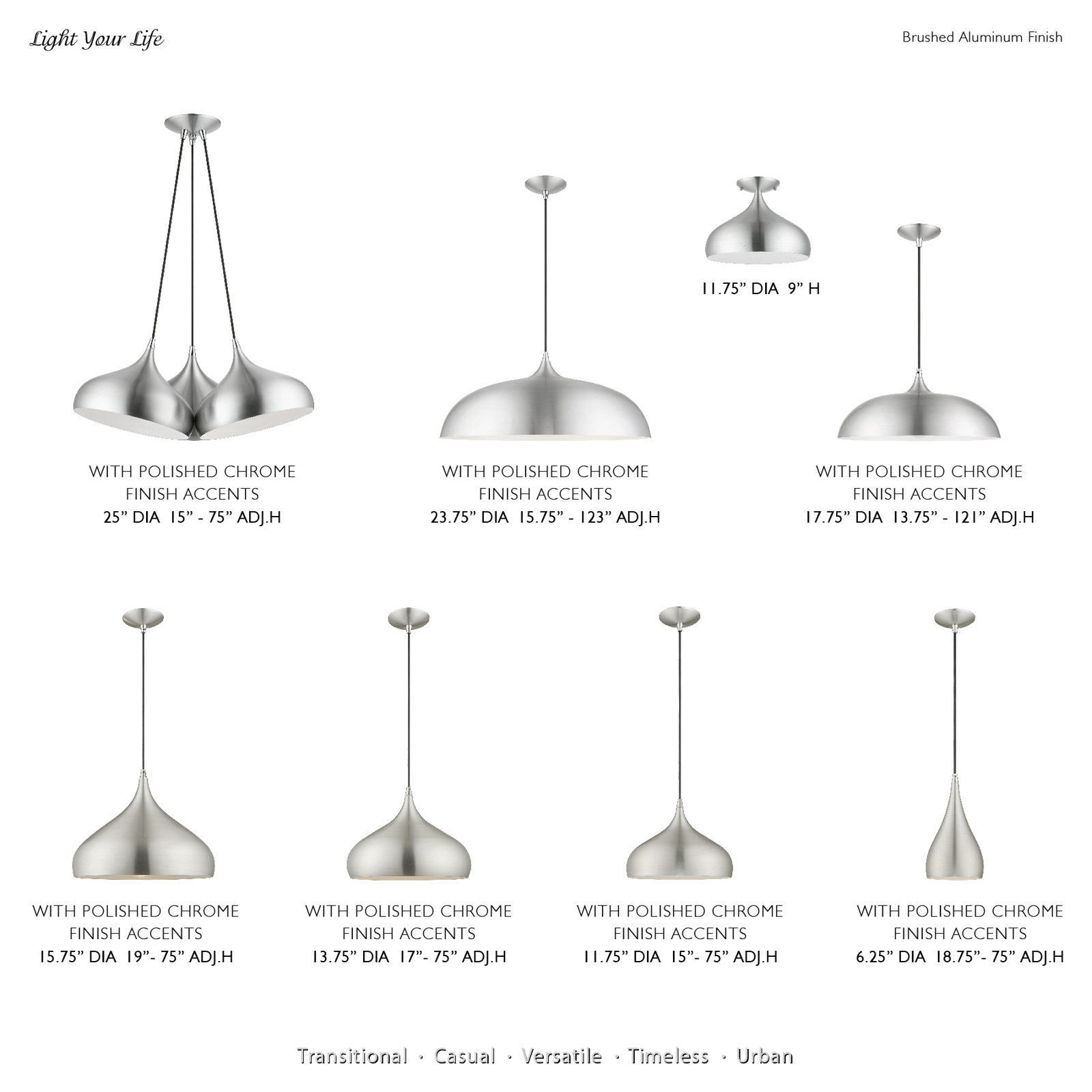 Schultz Single Light Metal Dimmable Pendant, Brushed Aluminum