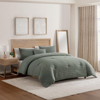 Geometric Striped Misty Blue Ultra Soft Garment Washed 4-Piece Microfiber Comforter Set - Full/Queen