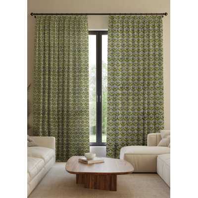 27 Inches Handmade Green Floral Pattern Block Print Pinch Pleated Thick Linen Hook Drapes, Window Treatments Home Decorative 100% Blackout Curtains, Shehnaaz