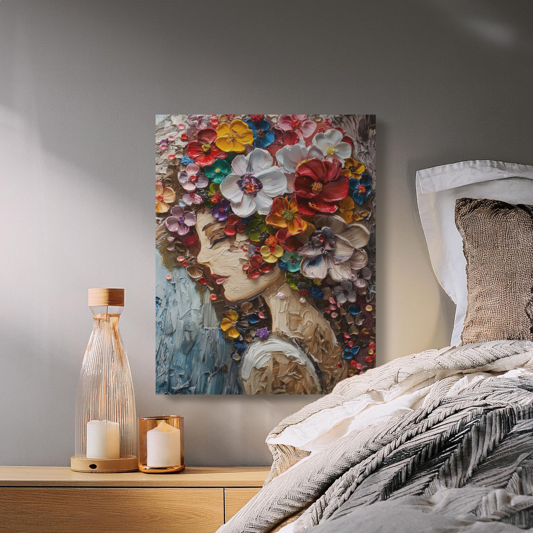 Floral Woman Canvas Wall Art, Textured Flower Portrait Print, Gallery Wrapped Canvas, Modern Decor, Ready to Hang, Archival Quality
