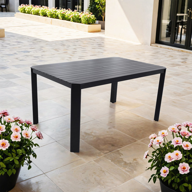 Modern Outdoor Aluminum Table With Alternating Wide And Narrow Slats, Angled Corners, Umbrella Hole, And Adjustable Non-slip Pads 