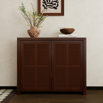 39" Mid Century Modern Rattan Storage Cabinet With 2 Outlet Holes And Shelves