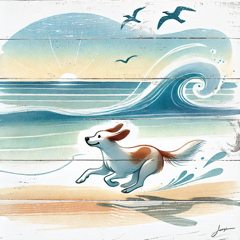 Art mural sur toile Sunrise Beach Run Dog, H 20 po x l 20 po
