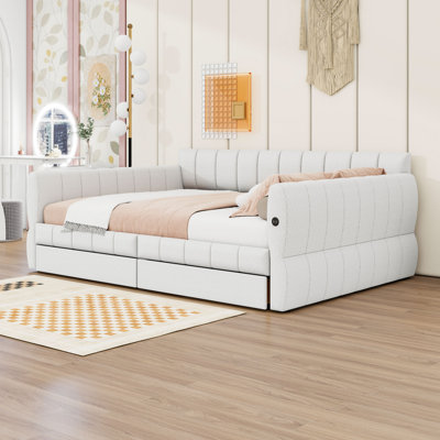 Queen Size Upholstered Daybed with Built-In USB Ports and Dual Storage Drawers