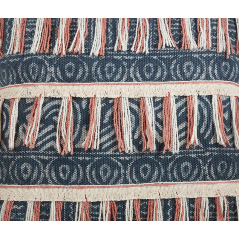 Blue Embroidered Fringed Cotton Square Pillow