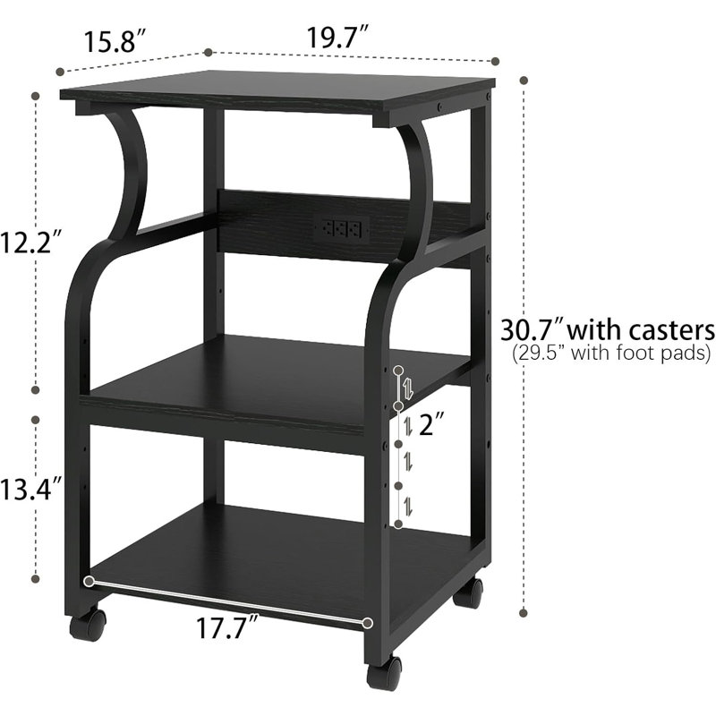 Support pour imprimante H 29,5 po x l 20 po avec tablette de rangement réglable et chariot utilitaire, Noir