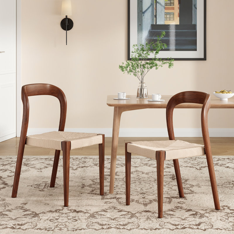Shaelene 29.9" H Solid Wood Side Dining Chairs with Handwoven Rope Seat, Walnut/Beige