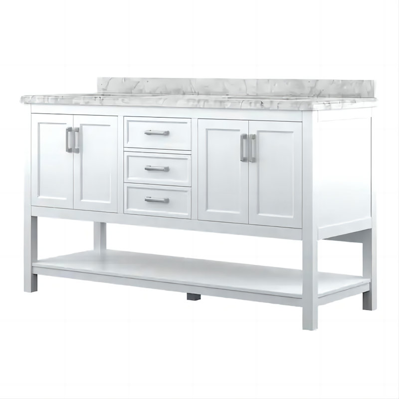 Meuble-lavabo double 61 po avec plateau en marbre Maximas, Blanc / Blanc