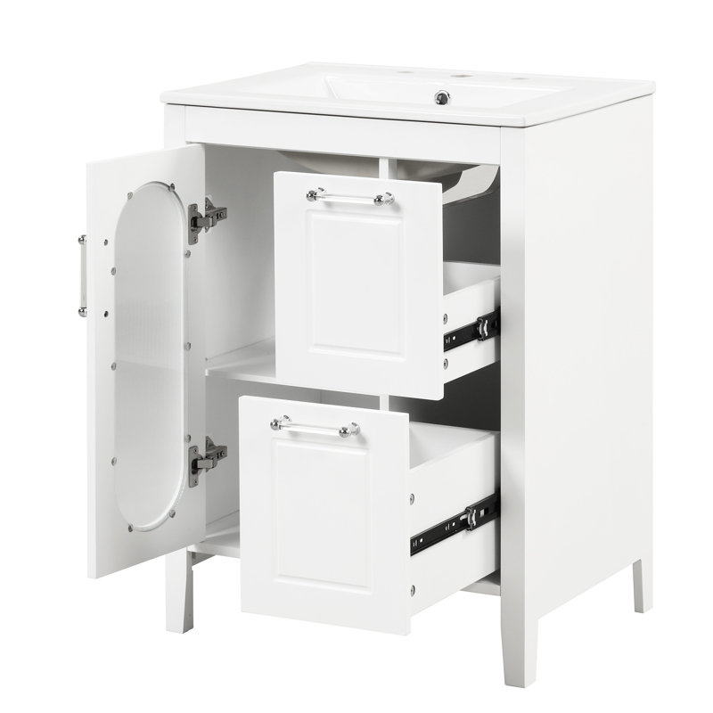 Meuble-lavabo de 24 po avec lavabo en céramique lisse, deux tiroirs, porte d'armoire, tablette réglable, bois d'hévéa massif, verre, blanc, autoportant, finition peinte à poser, forme rectangulaire, simple