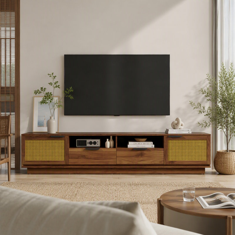 Meuble télé de 78 pouces, console multimédia moderne avec façades en rotin, deux tiroirs et étagères ouvertes, centre de divertissement pour salon