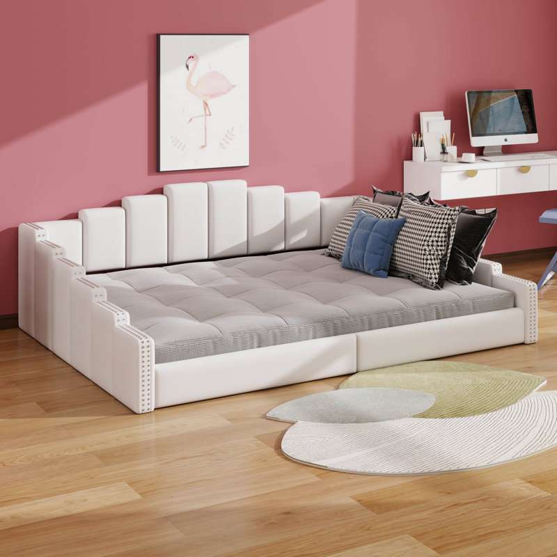 Canapé-lit en velours rembourré avec lattes de bois, base de lit plateforme, aucun sommier nécessaire, Beige