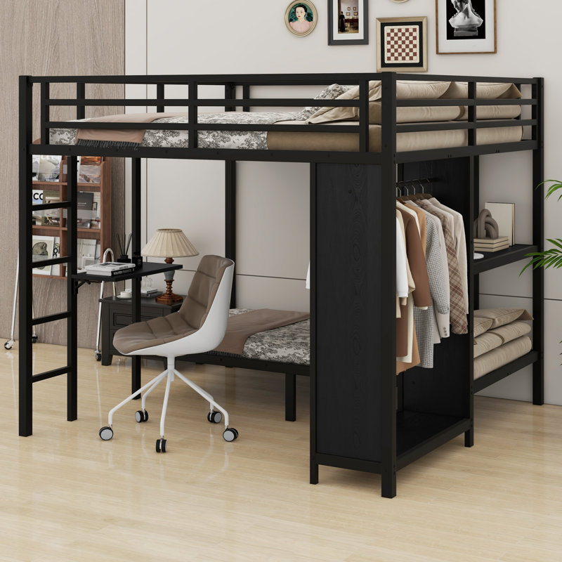 Lit superposé en métal avec garde-robe et bureau pliable