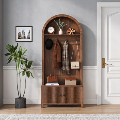 Walnut Wood-Colored Farmhouse Style Entryway Coat Rack, Four-In-One Multi-Functional, With Hooks, Shoe Rack, Bench, And Hallway Compatibility.
