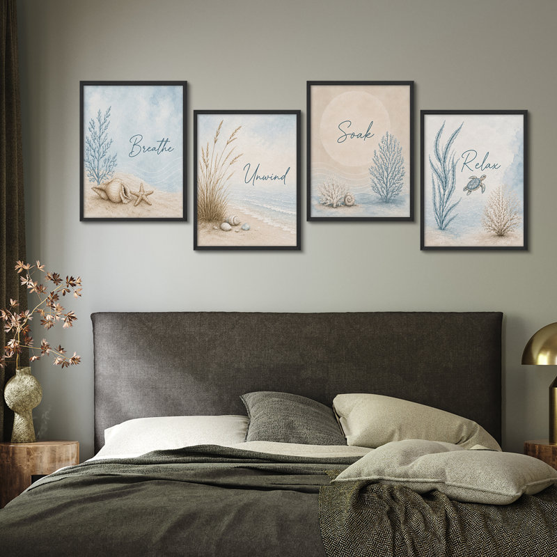Ensemble de 4 reproductions d'art encadrées sur le thème océan océan, 14" H x 11" W, White