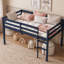 Lit mezzanine simple en bois massif et en bois d'hévéa avec échelle, plateforme de lattes renforcées, bleu-1402268268