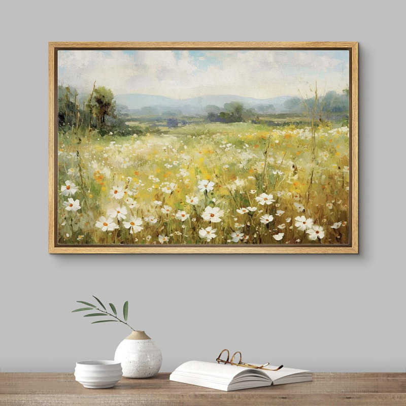 «Vibrant Wildflower White Daisy Flowers Meadow», impression sur toile, H 24 po x l 36 po, Reproduction avec cadre flottant