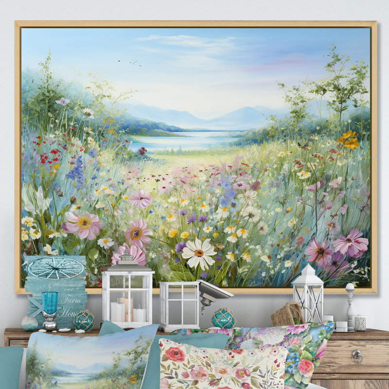 Simplity Wreath Green Flower Field - Art mural grand champ de fleurs, H 34 po x l 44 po x P 1,5 po, Cadre naturel flottant