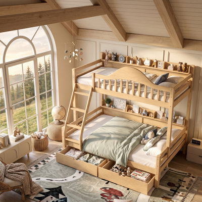 Lit superposé AVELOR Kids avec tiroirs de rangement et tablettes latérales, lit superposé en bois massif avec garde-corps courbés, échelle fixe et support à lattes