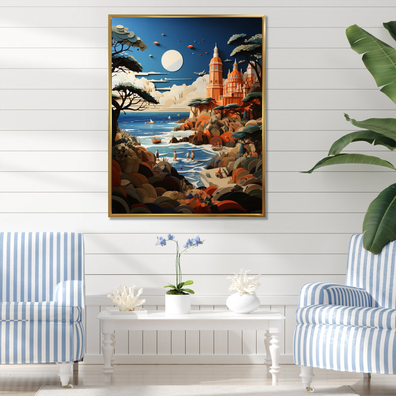 «Coastal Seaside Adventure Papercut I», reproduction sur toile, H 20 po x l 12 po x P 1 po, Cadre flottant doré