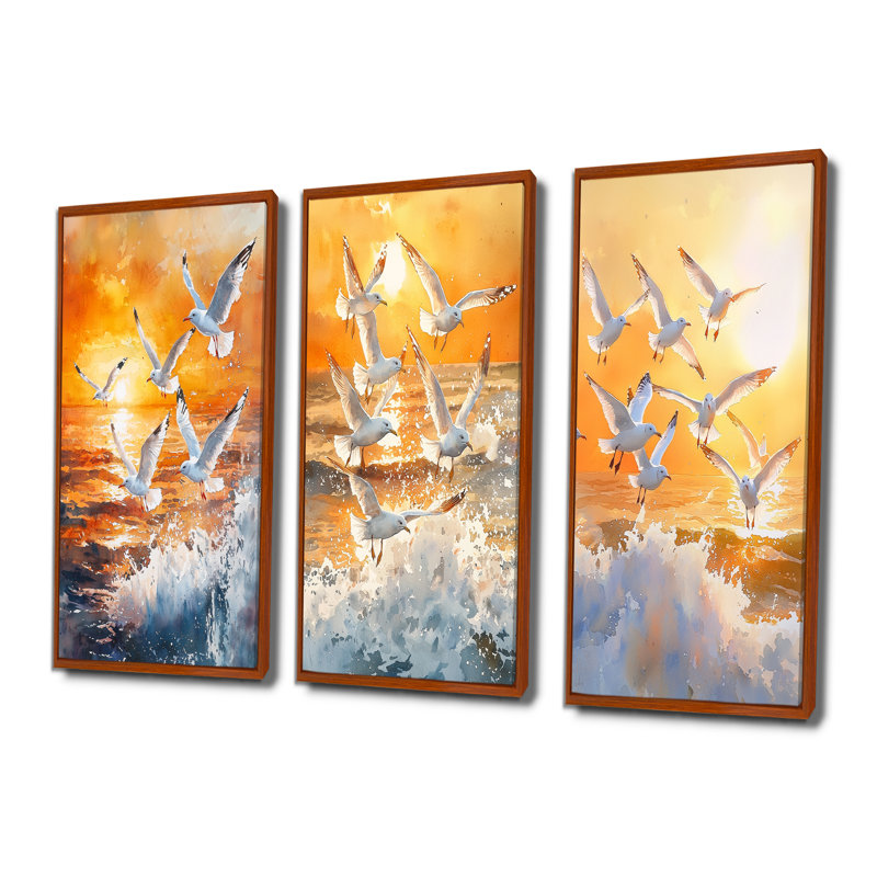 Mouettes au lever du soleil I - Collection de décorations murales oiseaux, H 28 po x l 36 po, Impression encadrée flottante