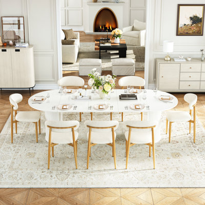 45" To 105" Extendable Dining Set, 4-Stage Expansion, Round Fluted Pedestal Table And Upholstered Chairs, Seats 4-10, Modern Farmhouse Style