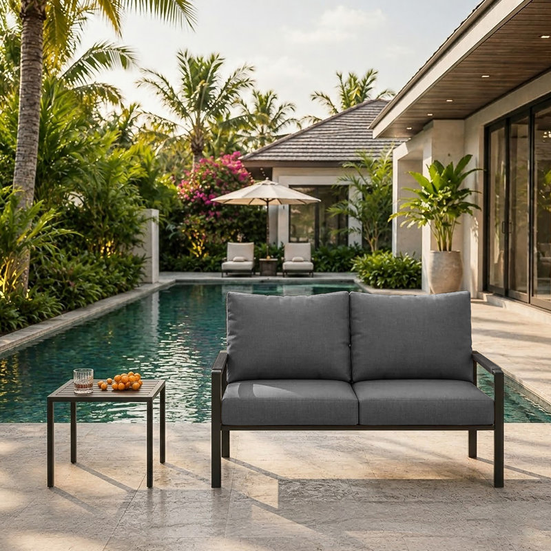 Metal 2 Pieces Patio Set, Outdoor Patio Furniture Set, Loveseat with Olefin Cushions, Side Table, Gray