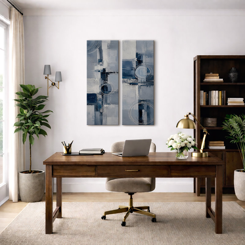Motif géométrique abstrait à cercles bleu marine et gris – Ensemble de 2 impressions sur toile encadrées 32 po x 12 po x 2 po