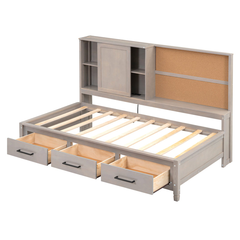 Lit de jour simple avec tablettes de rangement, planche de liège, ports USB et 3 tiroirs, Gris antique